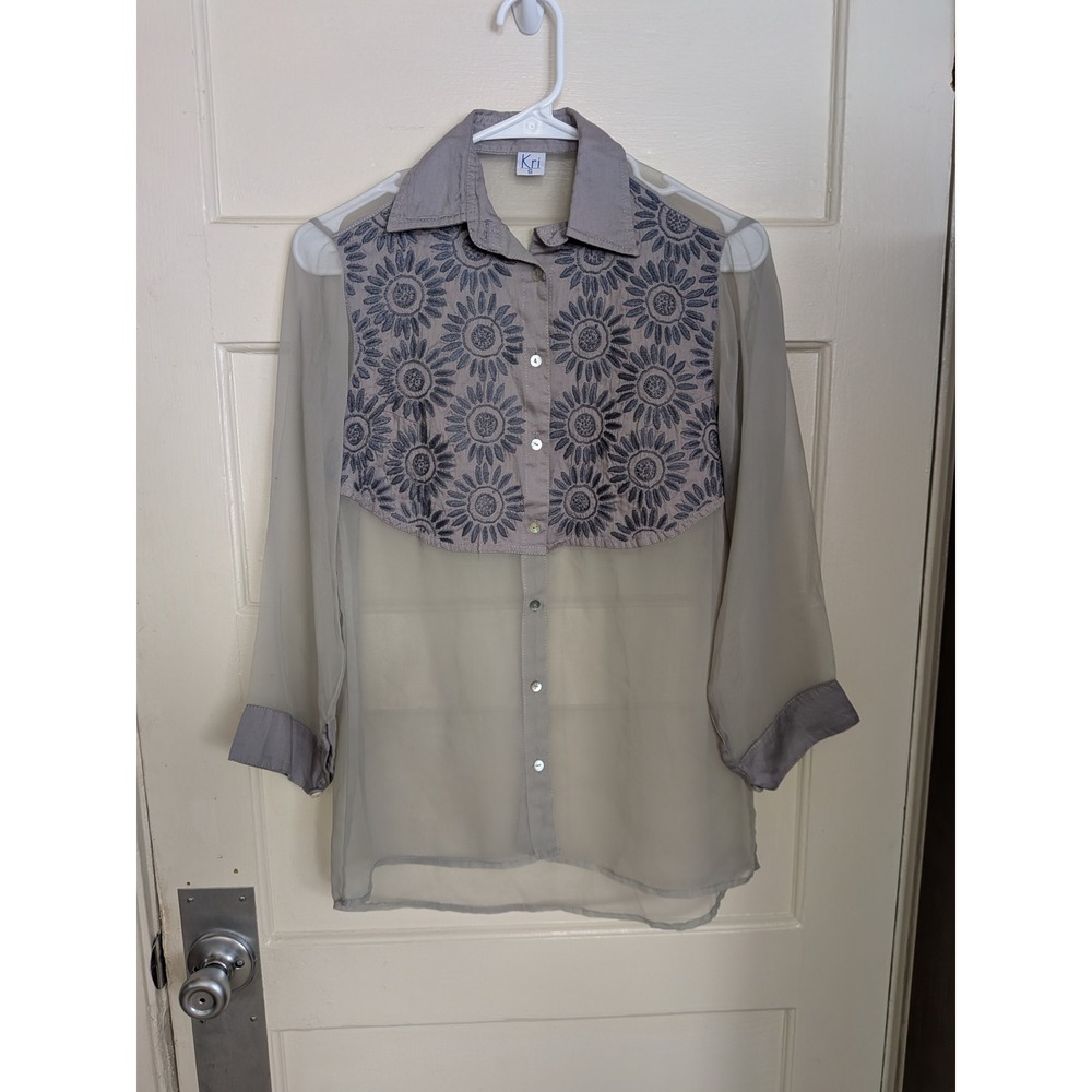 Kri Sheer Embroidered Sunflower Bib Button Down Boho Blouse Gray‎ Size Small